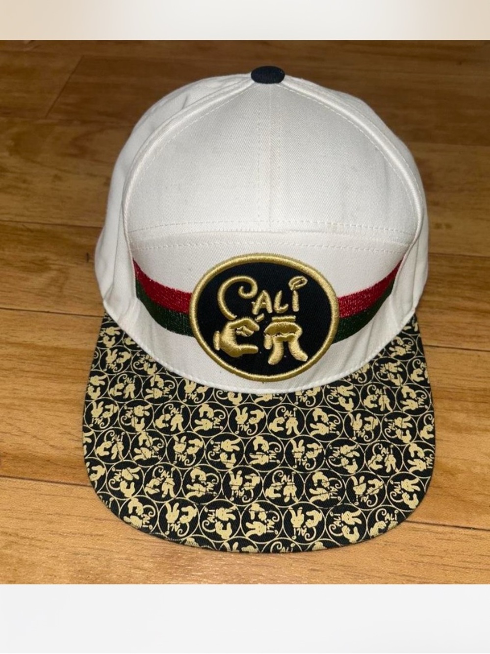 White Cali Embroidered Snapback Hat with Patterned Black Brim